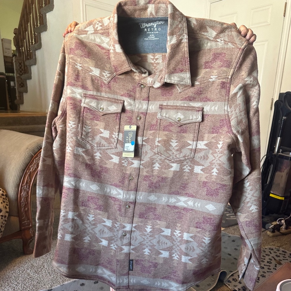 Wrangler Men's Brown and Cream Aztec Button-Up Shirt